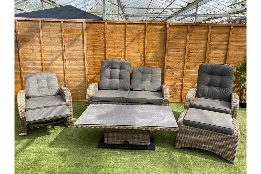Burbage Reclining Rattan Sofa Set Adjustable Table in Cappuccino